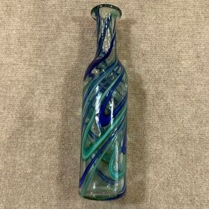 Handblown Mexican Art Glass Bottle Vase Cobalt Blue Teal Bubbles 11" Vintage